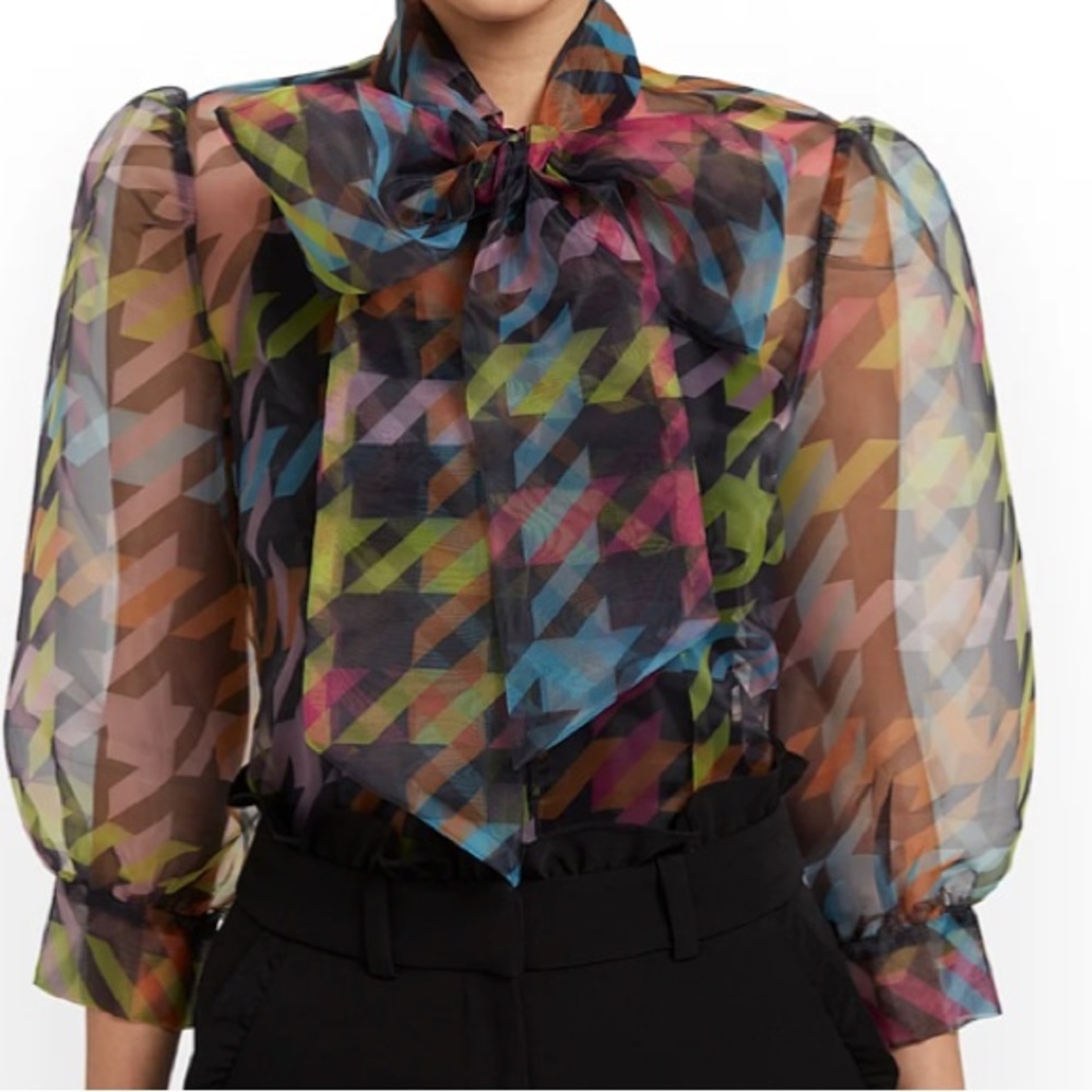 New York & Company Houndstooth Bow-Neck Blouse NWT